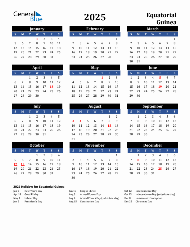 2025 Equatorial Guinea Holiday Calendar