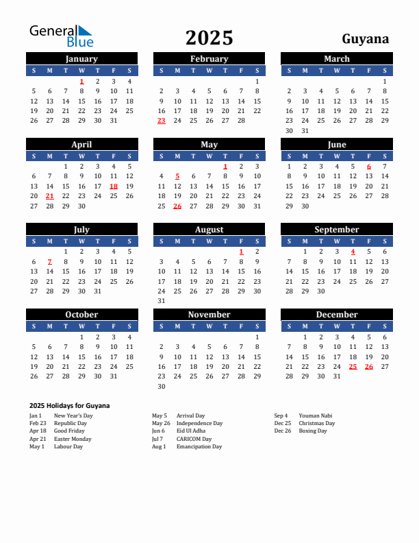 2025 Guyana Holiday Calendar