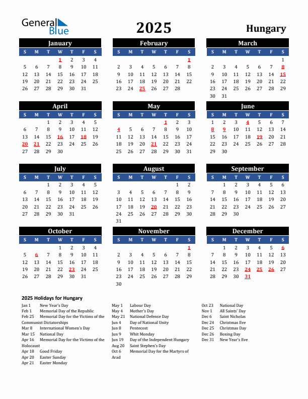 2025 Hungary Holiday Calendar