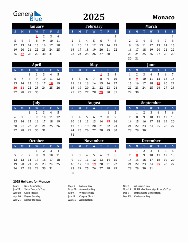 2025 Monaco Holiday Calendar