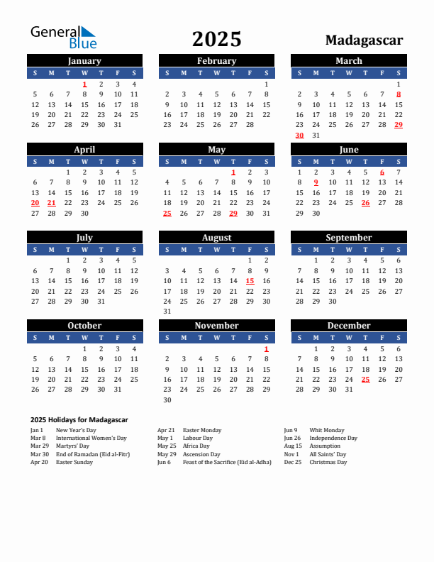 2025 Madagascar Holiday Calendar