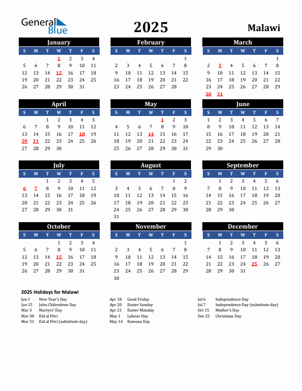 2025 Malawi Holiday Calendar