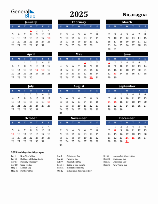 2025 Nicaragua Holiday Calendar