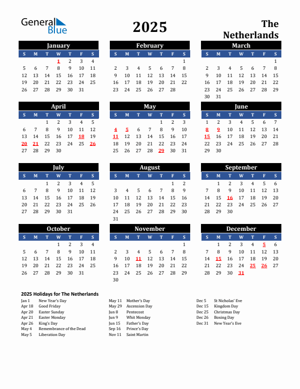 2025 The Netherlands Holiday Calendar