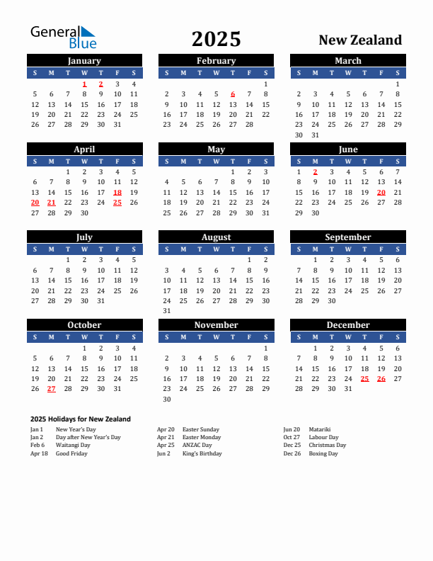 2025 New Zealand Holiday Calendar