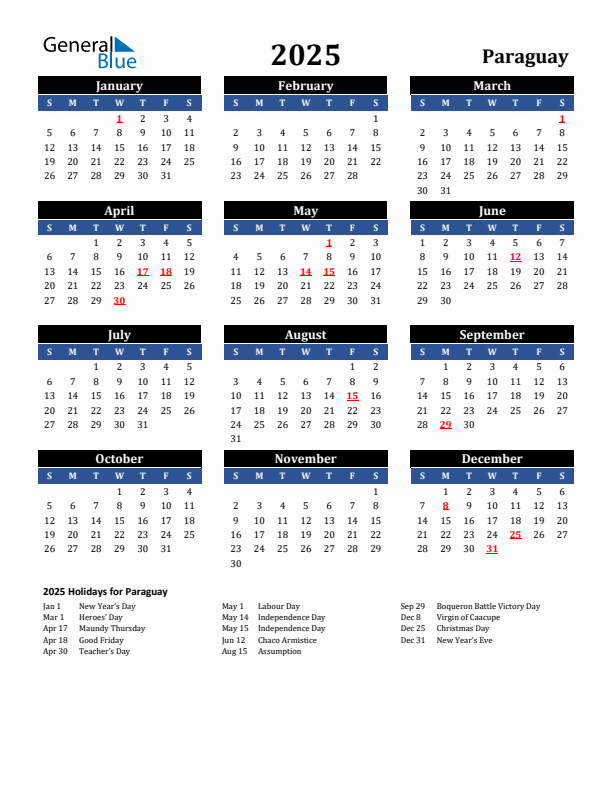 2025 Paraguay Holiday Calendar