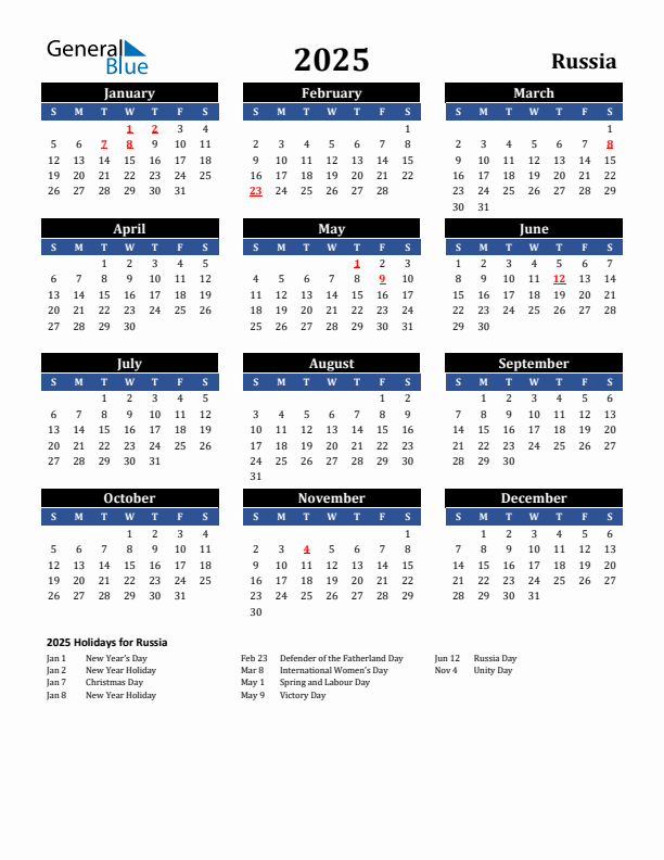 2025 Russia Holiday Calendar