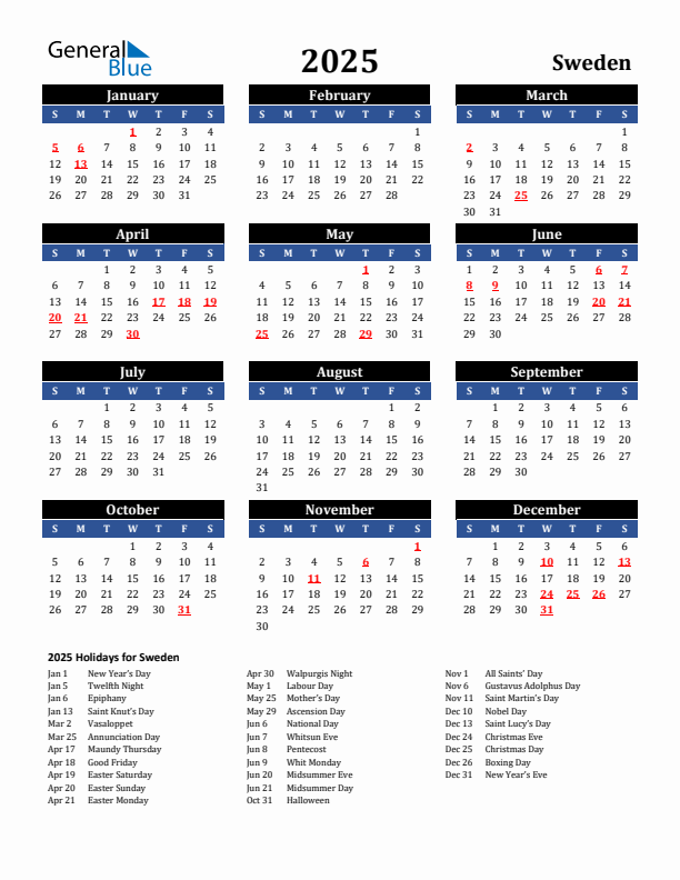 2025 Sweden Holiday Calendar