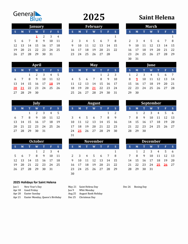 2025 Saint Helena Holiday Calendar