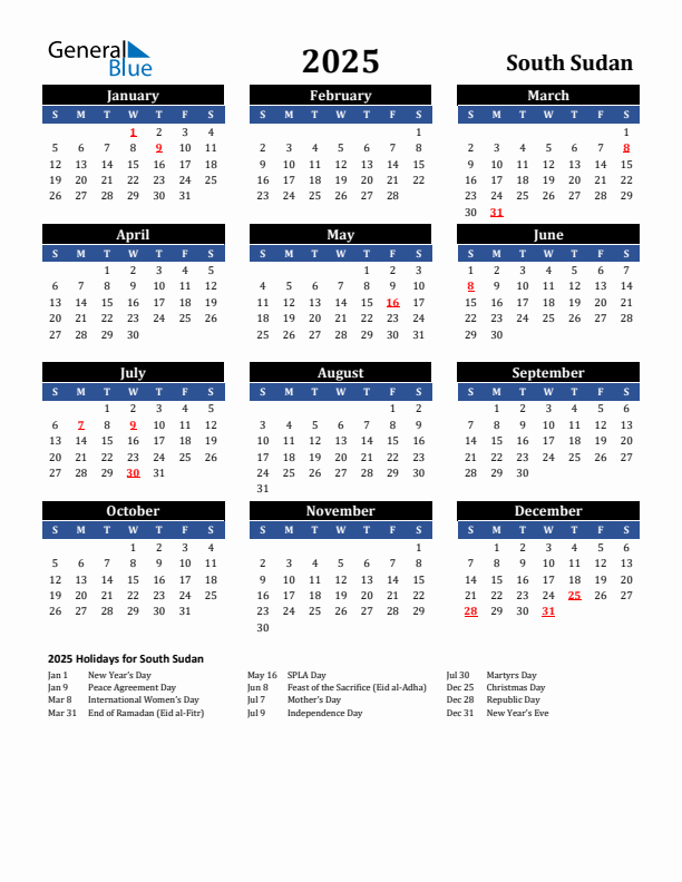 2025 South Sudan Holiday Calendar