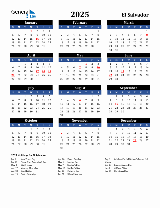 2025 El Salvador Holiday Calendar