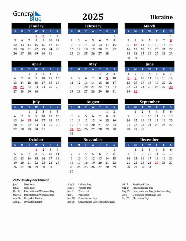 2025 Ukraine Holiday Calendar