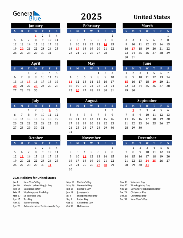 2025 United States Holiday Calendar