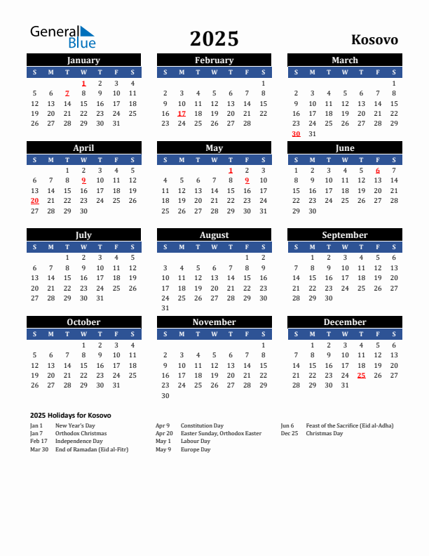 2025 Kosovo Holiday Calendar