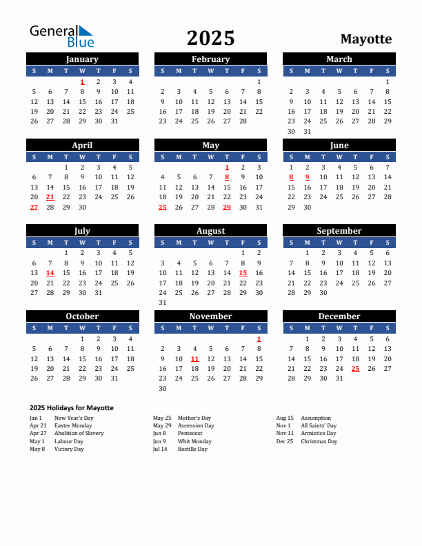 2025 Mayotte Holiday Calendar