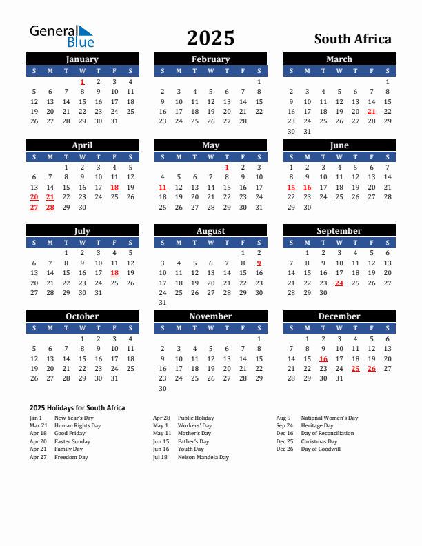 2025 South Africa Holiday Calendar