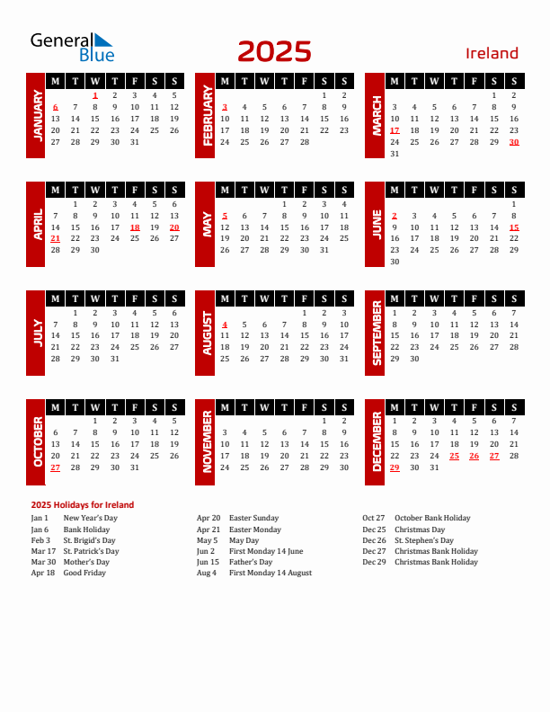 Download Ireland 2025 Calendar - Monday Start