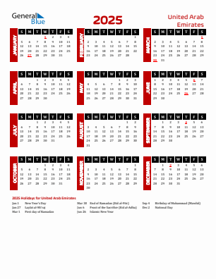 United Arab Emirates current year calendar 2025 with holidays