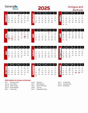 Antigua and Barbuda current year calendar 2025 with holidays