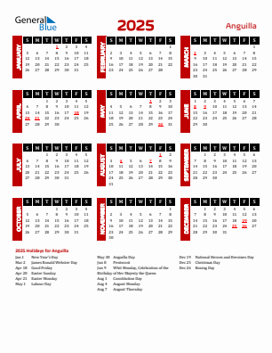 Anguilla current year calendar 2025 with holidays