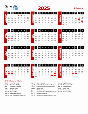 Albania current year calendar 2025 with holidays