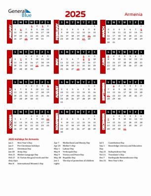 Armenia current year calendar 2025 with holidays