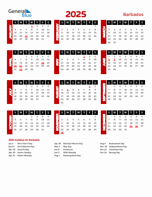 Barbados current year calendar 2025 with holidays