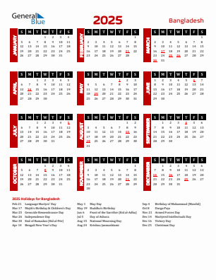 Bangladesh current year calendar 2025 with holidays