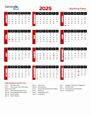 Burkina Faso current year calendar 2025 with holidays