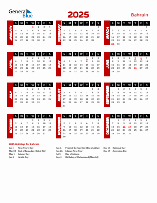 Bahrain current year calendar 2025 with holidays