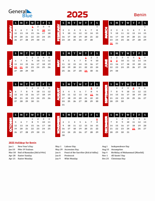 Benin current year calendar 2025 with holidays