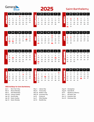 Saint Barthelemy current year calendar 2025 with holidays