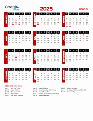 Brunei current year calendar 2025 with holidays