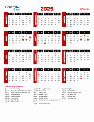 Bolivia current year calendar 2025 with holidays