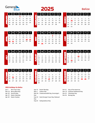 Belize current year calendar 2025 with holidays