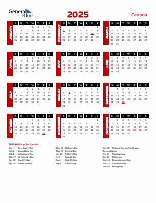 Canada current year calendar 2025 with holidays