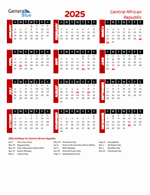 Central African Republic current year calendar 2025 with holidays