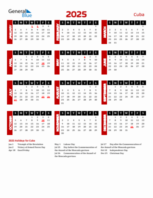 Cuba current year calendar 2025 with holidays