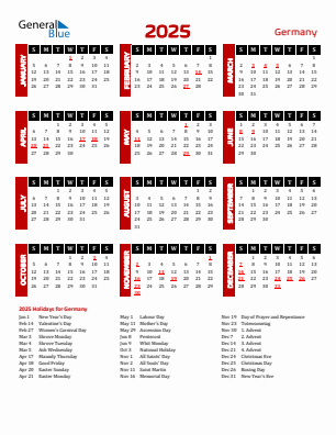 Germany current year calendar 2025 with holidays