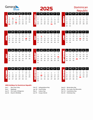 Dominican Republic current year calendar 2025 with holidays