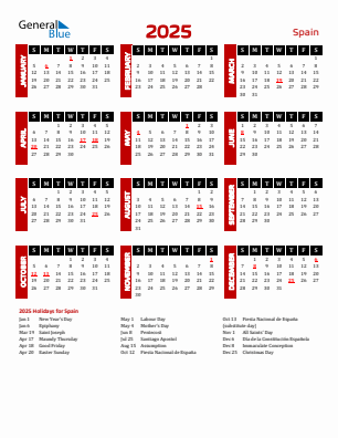 Spain current year calendar 2025 with holidays