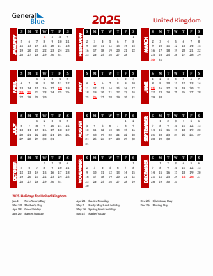 United Kingdom current year calendar 2025 with holidays