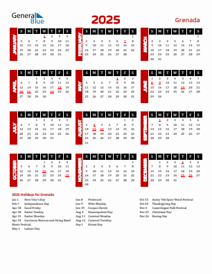 Grenada current year calendar 2025 with holidays