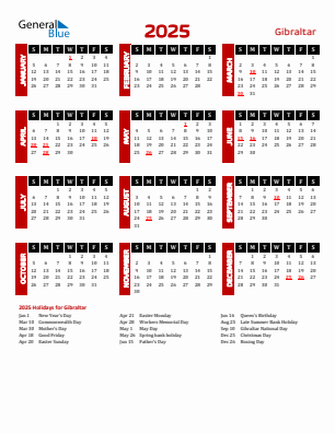 Gibraltar current year calendar 2025 with holidays