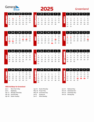 Greenland current year calendar 2025 with holidays