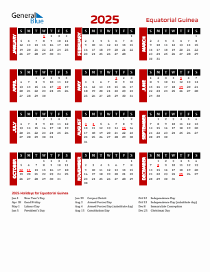 Equatorial Guinea current year calendar 2025 with holidays