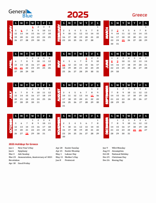 Greece current year calendar 2025 with holidays