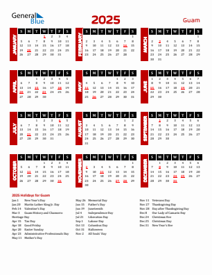 Guam current year calendar 2025 with holidays