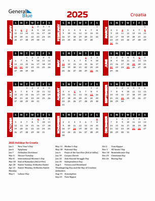 Croatia current year calendar 2025 with holidays