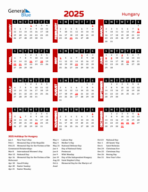 Hungary current year calendar 2025 with holidays